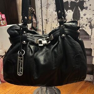 B. MAKOWSKY Black Pebbled Leather Hobo Shoulder Bag with Silver Hardware